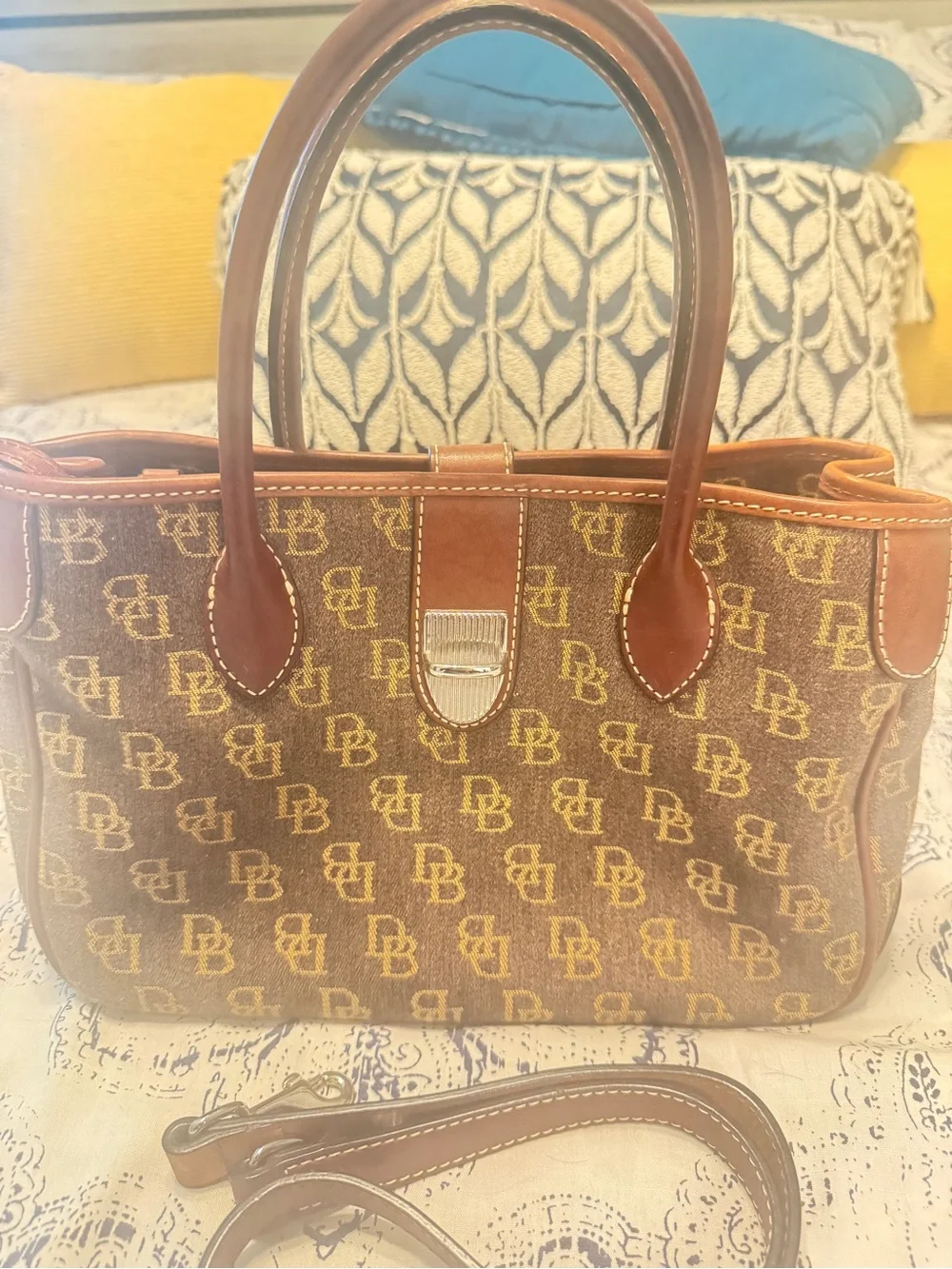 Dooney & Bourke Vintage Brown Monogram Jacquard Leather Satchel - Picture 2 of 11